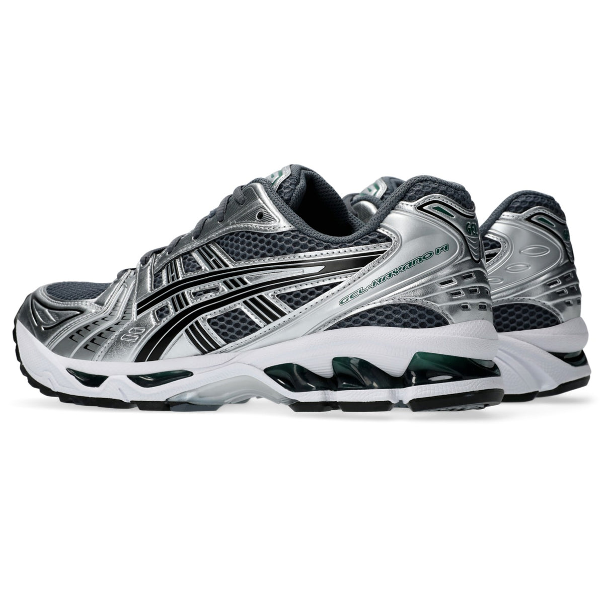 ASICS GEL-Kayano 14 Gris / Argent / Vert – paire en vue trois-quarts opposée