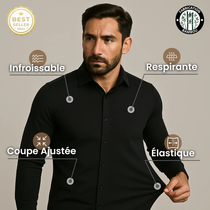 Chemise homme en bambou, chemise infroissable, chemise noire élégante, chemise respirante et élastique, chemise confortable et coupe ajustée, vêtement écologique pour homme, chemise élégante et stylée, chemise noire en bambou, chemise ajustée et confortable, chemise élastique et infroissable.