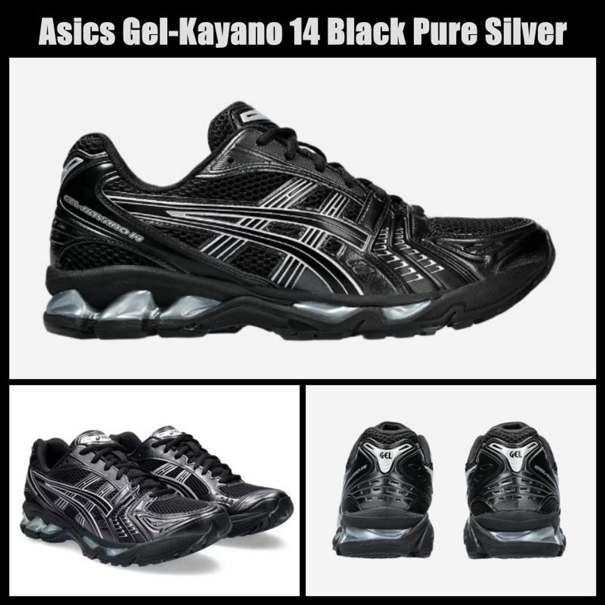 ASICS GEL-Kayano 14 Noir / Argent – montage profil, trois-quarts et talon