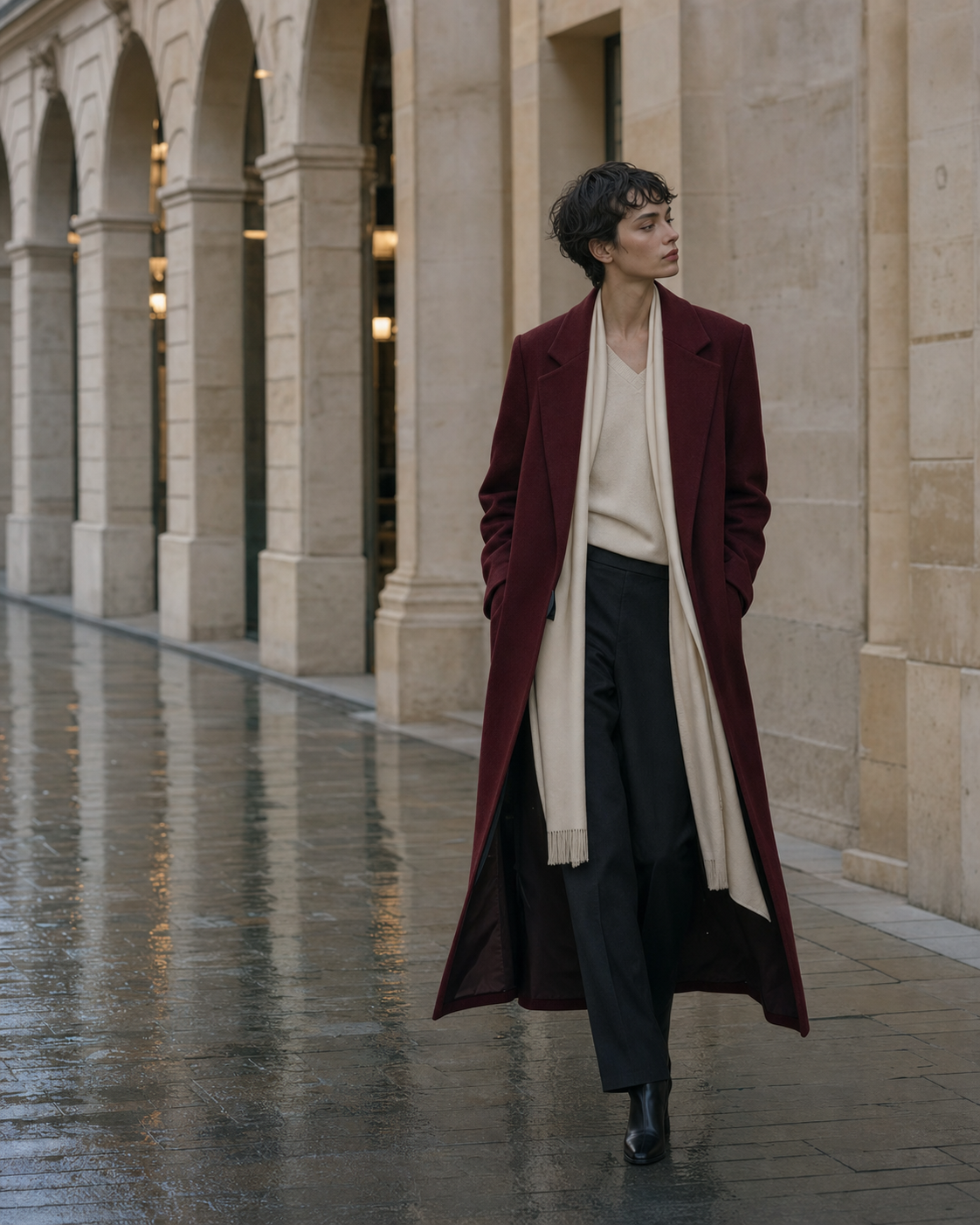 Campagne Nexita d’inspiration parisienne — silhouette en manteau oxblood sous une arcade après la pluie