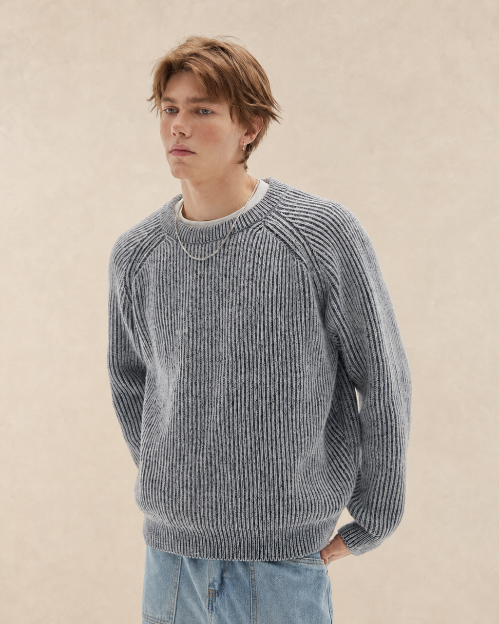 Pull homme côtelé à col rond — vue 1