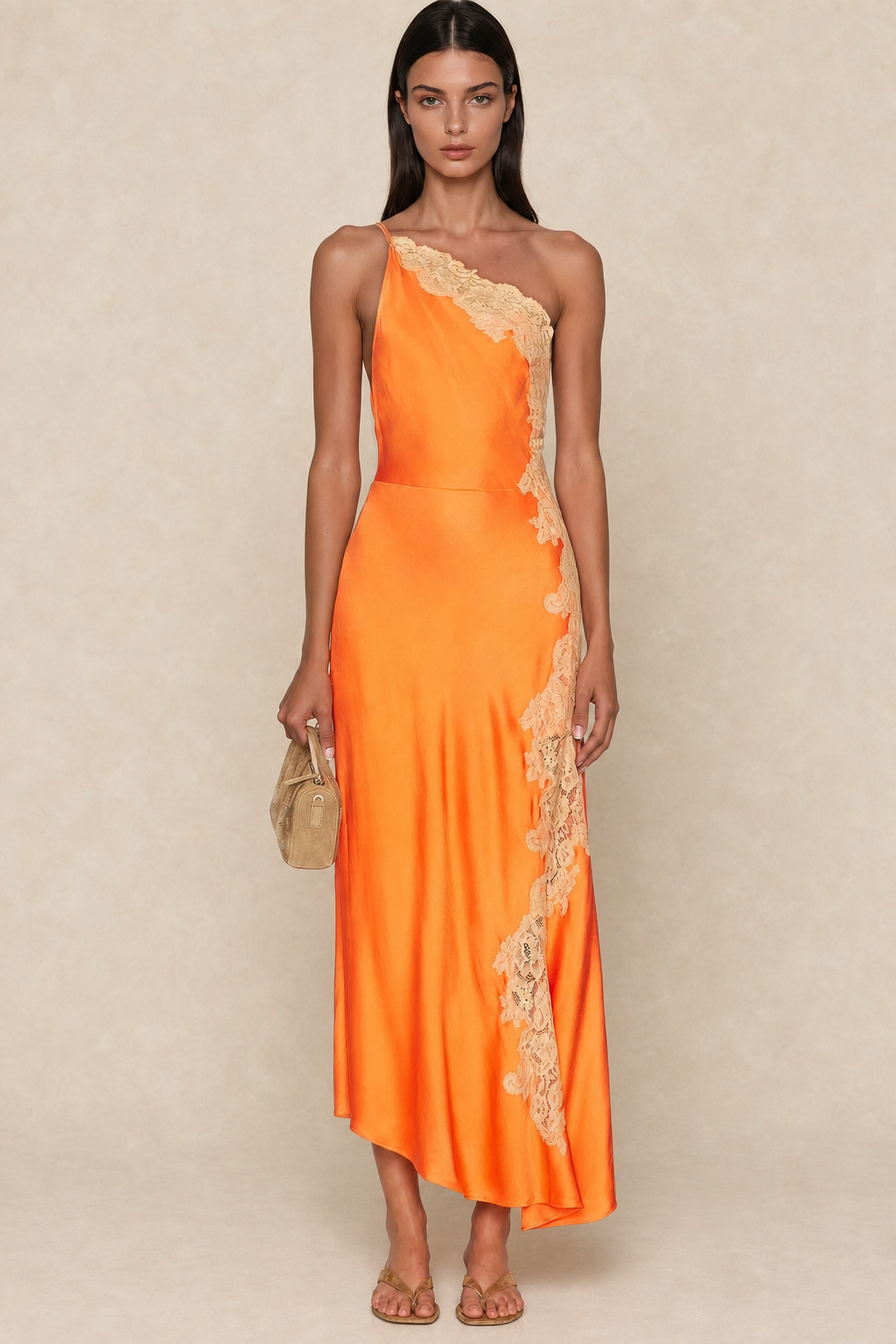 Robe longue femme une épaule en dentelle et satin — vue 2