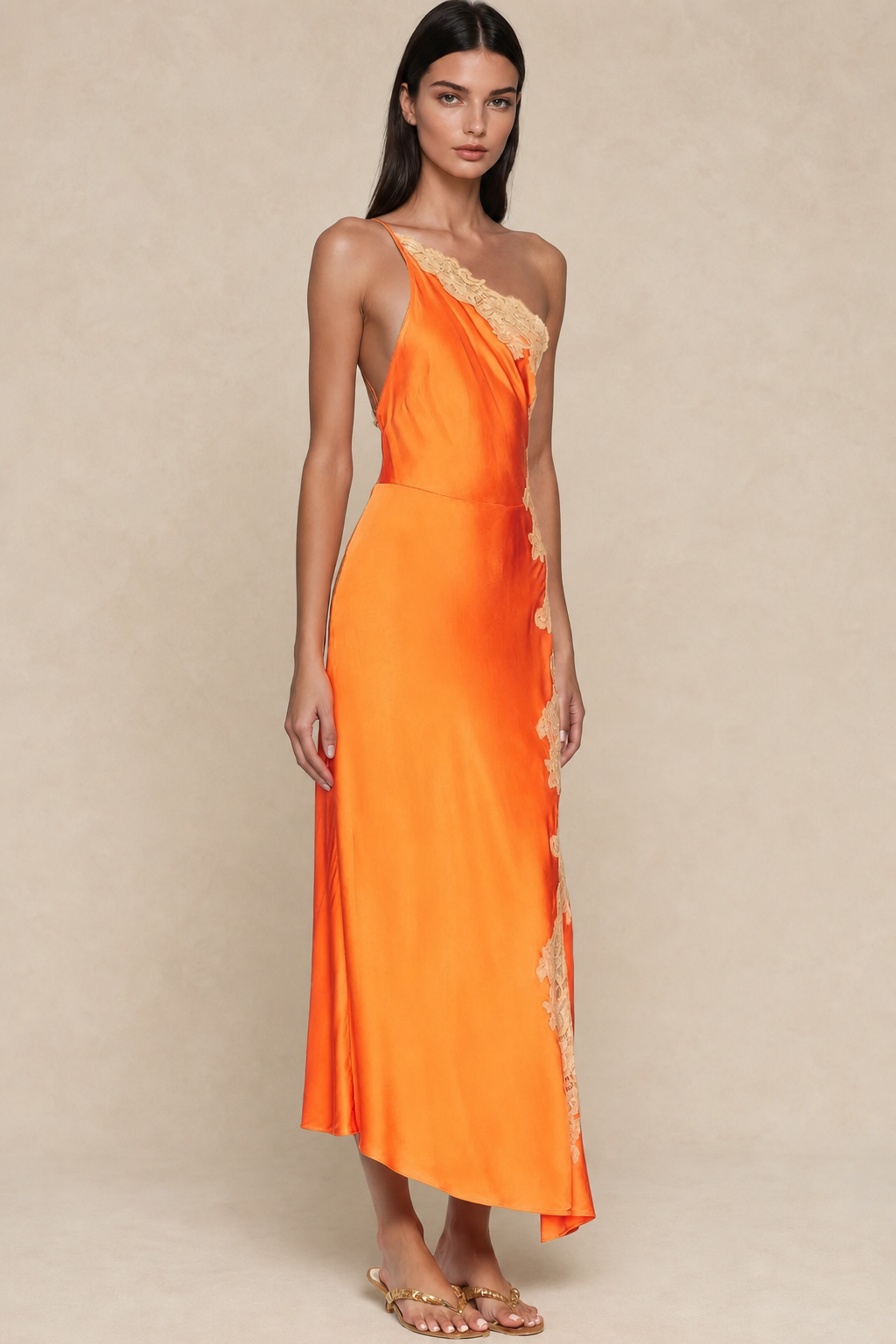 Robe longue femme une épaule en dentelle et satin — vue 3