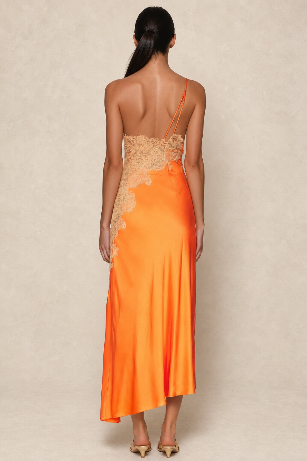 Robe longue femme une épaule en dentelle et satin — vue 5