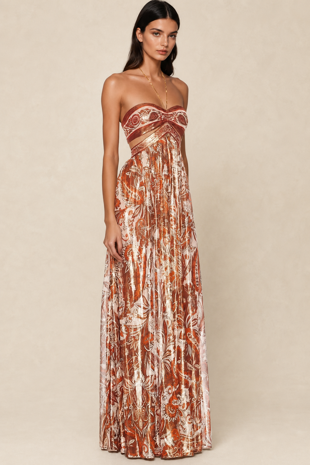 Robe maxi femme paisley à col montant et découpes — vue 3