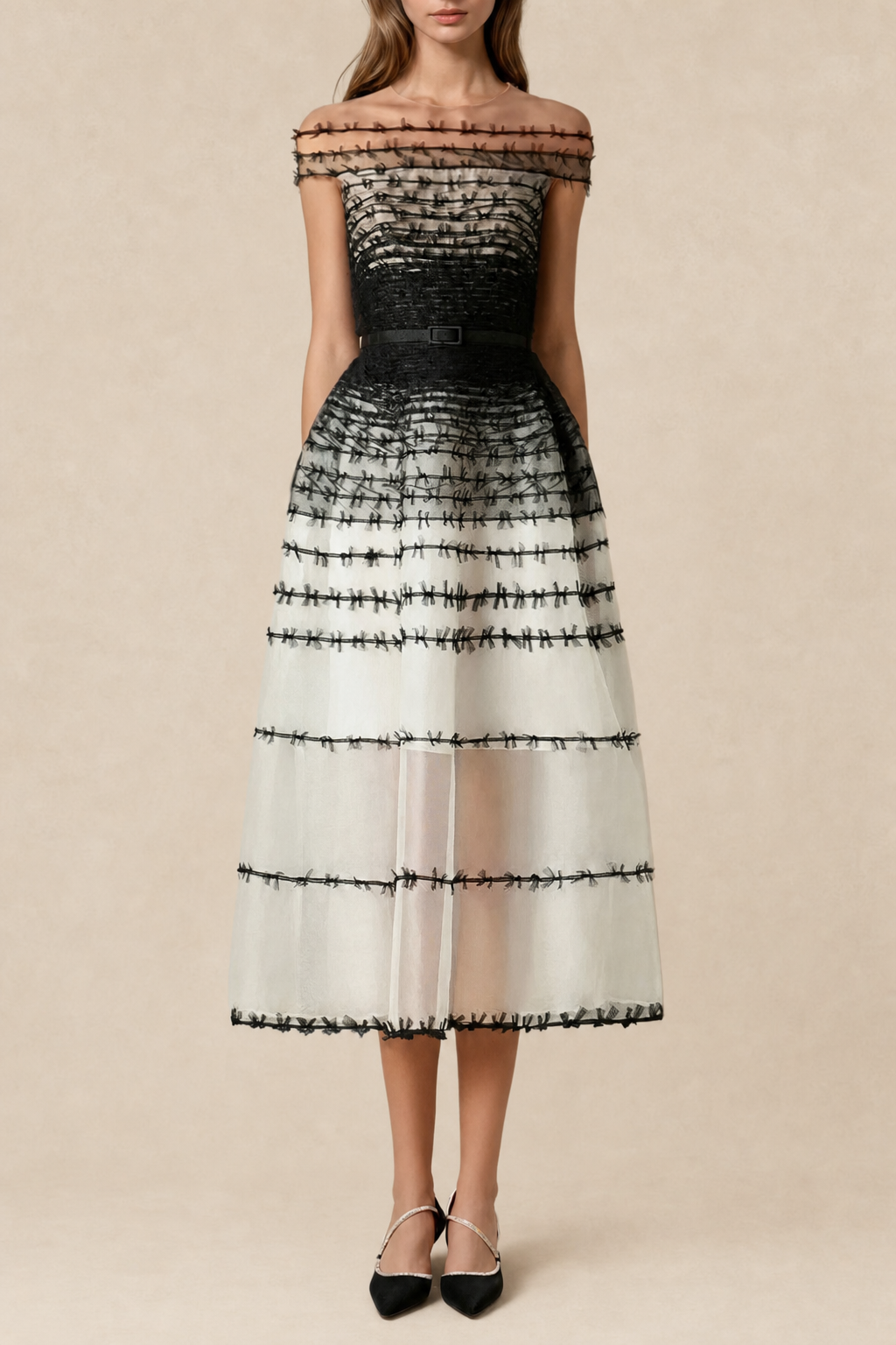 Robe midi femme en mesh à épaules dénudées — vue 1